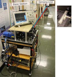 2. Free-space-coupled setup outside the laboratory. The base station and the sensing unit are mounted on two movable trolleys and were placed at separations of up to 30 meters (pictured here at 12 meters). The optical board used for the base station is one-meter square. The photo on the right shows the sensing unit: a rubidium vapor cell and a retroreflector. 2. Free-space-coupled setup outside the laboratory. The base station and the sensing unit are mounted on two movable trolleys and were placed at separations of up to 30 meters (pictured here at 12 meters). The optical board used for the base station is one-meter square. The photo on the right shows the sensing unit: a rubidium vapor cell and a retroreflector.