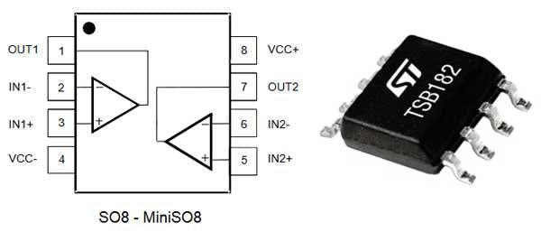 The TSB182 uses the standard pinout for dual op amps in an 8-lead package. It&rsquo;s offered in both MiniSO-8 and slightly larger SO-8 packages.