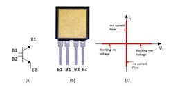 1. Shown are the schematic symbol (a), B-TRAN device package (note the four terminals in contrast to the three of a standard IGBT) (b), and basic B-TRAN I-V characteristics (c). 1. Shown are the schematic symbol (a), B-TRAN device package (note the four terminals in contrast to the three of a standard IGBT) (b), and basic B-TRAN I-V characteristics (c).