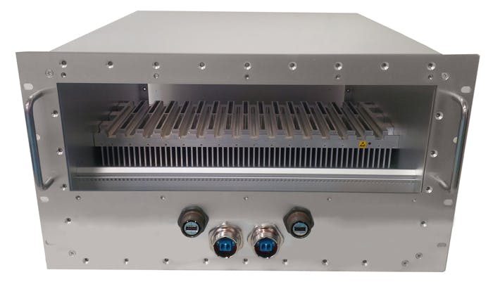 1. One way to manage faster and hotter plug-in OpenVPX boards is via a SOSA-aligned enclosure, which provides airflow over the fins of specially made conduction-cooled card mats. It can cool over 1500 W in the system.