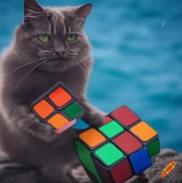 2. This AI-generated image was also based on a simple request: cute dark furry cat playing with a colorful Rubik&rsquo;s Cube on the ocean. (Craiyon.com | AI generated)