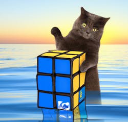 3. Here&rsquo;s another AI-generated image based on the same simple request: cute dark furry cat playing with a colorful Rubik&rsquo;s Cube on the ocean. (OpenAI Dall-E 3| AI generated)
