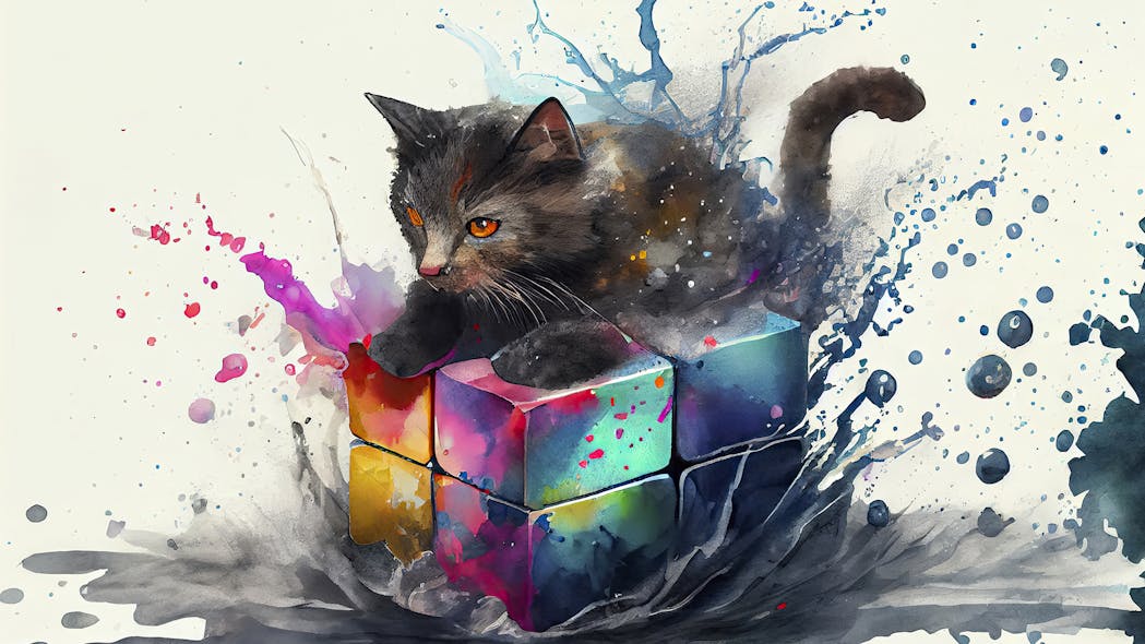 1. This is an AI-generated image based on a simple request: cute dark furry cat playing with a colorful Rubik&rsquo;s Cube on the ocean. (Dreamstime | AI generated)