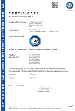 2. This certificate was issued for TI’s functional-safety hardware process. 2. This certificate was issued for TI’s functional-safety hardware process.