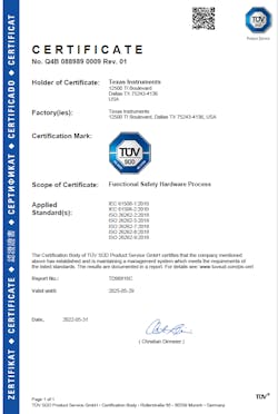 2. This certificate was issued for TI&rsquo;s functional-safety hardware process.
