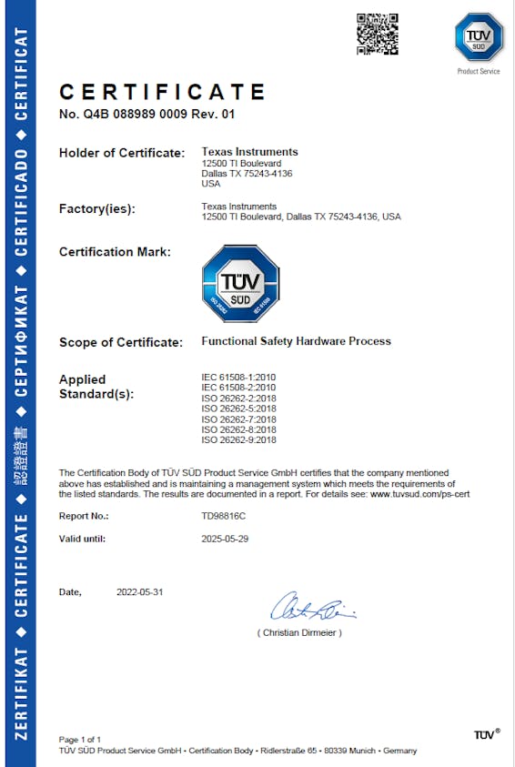 2. This certificate was issued for TI&rsquo;s functional-safety hardware process.