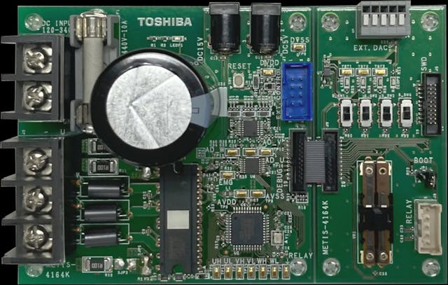 3. The associated reference design includes status LEDs, plus DIP switches and a potentiometer, for setting of operational modes and motor speed. The IPD is located below the large bulk capacitor.