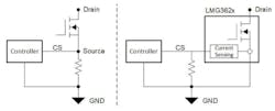 2. The simplified schematics compare traditional current sensing versus integrated current sensing connections.
