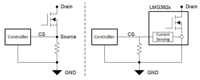 2. The simplified schematics compare traditional current sensing versus integrated current sensing connections.