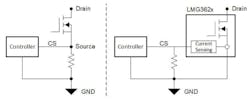 2. The simplified schematics compare traditional current sensing versus integrated current sensing connections. 2. The simplified schematics compare traditional current sensing versus integrated current sensing connections.