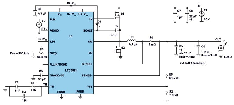 12. LTC3981 28 V to 5 V/6 A design schematic where the compensation network isn&rsquo;t aligned.
