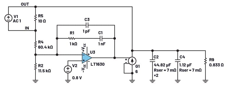 14. A linear circuit models a CM regulator, and the compensation network isn&rsquo;t aligned.