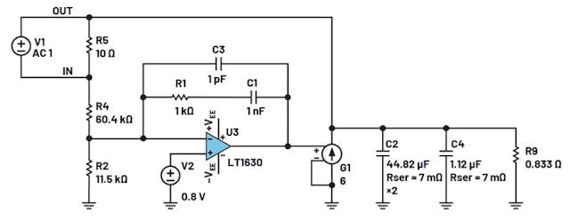 14. A linear circuit models a CM regulator, and the compensation network isn&rsquo;t aligned.