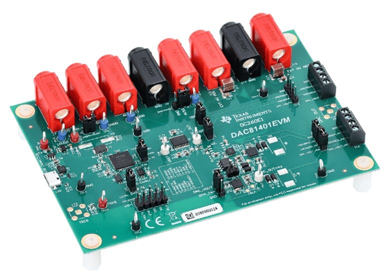 2. The corresponding DAC81401EVM evaluation board, which simplifies exercising the DACs, works with an available Window-based GUI.
