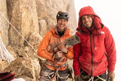 3. Heidi Sevestre and Alex Honnold taking a moment between rock core sample drilling for a photo. They burned through dozens of bits taking samples.