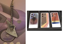 1. E Ink&rsquo;s color ePaper can be applied to a variety of surfaces, such as a guitar (left) and smartphones (right), to provide different images.