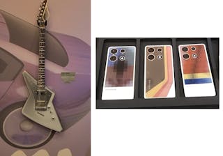 1. E Ink&rsquo;s color ePaper can be applied to a variety of surfaces, such as a guitar (left) and smartphones (right), to provide different images.