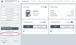 5. The nPM PowerUP tool supports battery profiling, enabling a developer to build an accurate model of the battery for the fuel-gauge algorithm in house. The “Profile Battery” instruction initiates a slow charge/discharge cycle, which is closely monitored, to build the battery model. 5. The nPM PowerUP tool supports battery profiling, enabling a developer to build an accurate model of the battery for the fuel-gauge algorithm in house. The “Profile Battery” instruction initiates a slow charge/discharge cycle, which is closely monitored, to build the battery model.