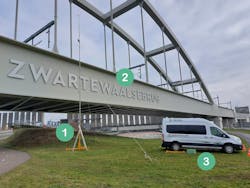 1. Shown are the microphone and optical trigger sensors (1), the railway bridge (2), and the DEKRA mobile measurement van (3).