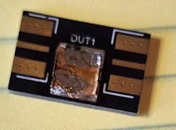 4. The copper slug placed on a PCB: By creating a 4-point contact with the probe and forcing 1 A through one port and measuring the voltage on the other port, a measurement is made at the same point and in the same way as the impedance measurement. The slug measures about 1.2 μΩ DC, using an accurate 6.5-digit digital multimeter (DMM) with null and an average filter. 4. The copper slug placed on a PCB: By creating a 4-point contact with the probe and forcing 1 A through one port and measuring the voltage on the other port, a measurement is made at the same point and in the same way as the impedance measurement. The slug measures about 1.2 μΩ DC, using an accurate 6.5-digit digital multimeter (DMM) with null and an average filter.