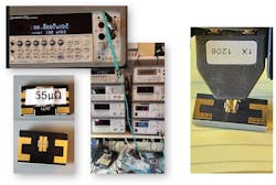 5. A heavy copper plate was mounted to the DUT side of a Picotest black probe-mount PCB. The plate has 2,725 pads on the top and universal probe pads on the back. The probe was placed on the pads and 1 A forced through one probe port. The other probe port is connected to a precision DMM. There’s a bit of bouncing, but the average resistance is about 60 μΩ. 5. A heavy copper plate was mounted to the DUT side of a Picotest black probe-mount PCB. The plate has 2,725 pads on the top and universal probe pads on the back. The probe was placed on the pads and 1 A forced through one probe port. The other probe port is connected to a precision DMM. There’s a bit of bouncing, but the average resistance is about 60 μΩ.