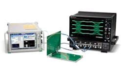 In between the oscilloscope and protocol analyzer is the company’s latest interposer, which is used to expose connections for testing. In between the oscilloscope and protocol analyzer is the company’s latest interposer, which is used to expose connections for testing.