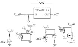 3. The TLV4041R5 comparator holds the ACT signal low until the COUT capacitor has charged to a sufficient state, after which point downstream circuitry and the MCU are enabled. 3. The TLV4041R5 comparator holds the ACT signal low until the COUT capacitor has charged to a sufficient state, after which point downstream circuitry and the MCU are enabled.