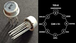 2. The package is somewhat novel in its use of a grid cap, a concept formerly only seen on vacuum tubes. Although not immediately visible in the photo, this function is carried out by the can, which can be wired into the circuit by using a clamp. 2. The package is somewhat novel in its use of a grid cap, a concept formerly only seen on vacuum tubes. Although not immediately visible in the photo, this function is carried out by the can, which can be wired into the circuit by using a clamp.
