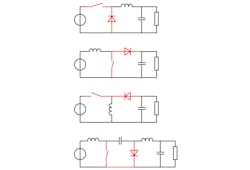 The most common non-isolated switching DC-DC converter topologies include buck, boost, buck-boost, and Ćuk. The input is on the left; the output with load (rectangle) is on the right. (Credit: Creative Commons CC BY-SA 3.0) The most common non-isolated switching DC-DC converter topologies include buck, boost, buck-boost, and Ćuk. The input is on the left; the output with load (rectangle) is on the right. (Credit: Creative Commons CC BY-SA 3.0)