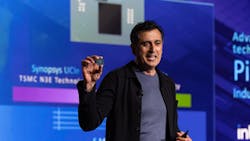 Synopsys CEO Sassine Ghazi shows the world’s first UCIe-connected multi-die test chip, called Pike Creek, during the company’s annual user conference. Synopsys CEO Sassine Ghazi shows the world’s first UCIe-connected multi-die test chip, called Pike Creek, during the company’s annual user conference.