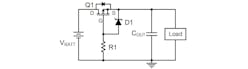 2. A P-channel MOSFET provides reverse-polarity protection by turning off to protect the system from reverse-polarity damage.