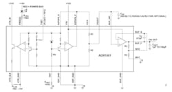 1. The block diagram of the Analog Devices ADR1001 precision voltage reference, including surrounding schematic, shows split-supply heater operation and 10-V reference output. 1. The block diagram of the Analog Devices ADR1001 precision voltage reference, including surrounding schematic, shows split-supply heater operation and 10-V reference output.