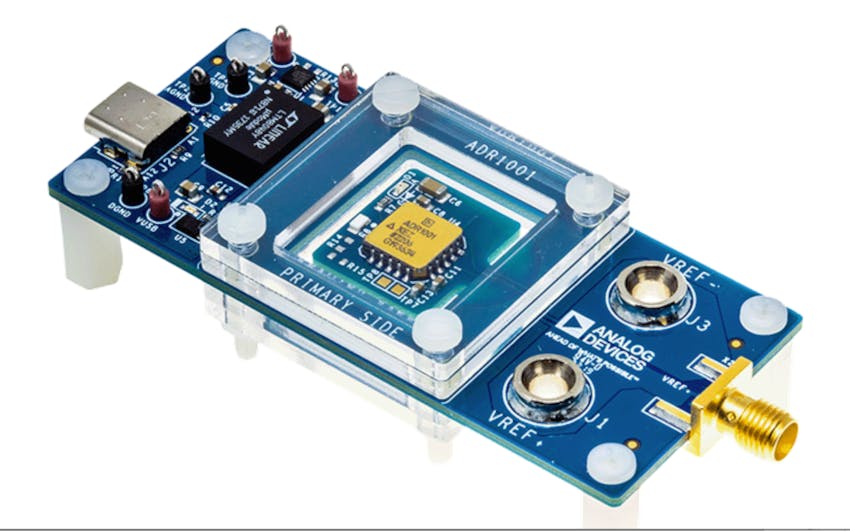 2. The companion ADR1001E-EBZ evaluation board provides a 5-V output via an SMA connector, as well as banana jacks.