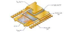3. This PowerStack 3D package includes both high- and low-side power FETs and a control module. (Image courtesy of Reference 2) 3. This PowerStack 3D package includes both high- and low-side power FETs and a control module. (Image courtesy of Reference 2)