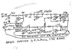 This simple six-op-amp circuit is an analog computer that addresses the familiar problem of forced, damped harmonic motion. This simple six-op-amp circuit is an analog computer that addresses the familiar problem of forced, damped harmonic motion.