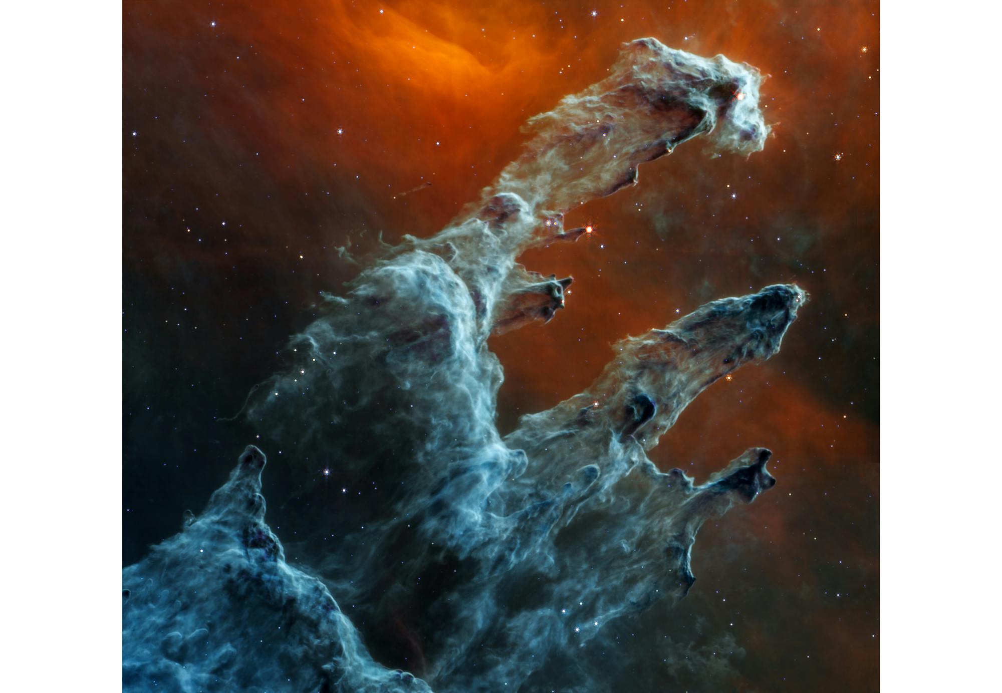 Featured in the IMAX documentary &ldquo;Deep Sky,&rdquo; JWST&rsquo;s mid-infrared view of the Pillars of Creation strikes a chilling tone. Thousands of stars that exist in this region disappear&mdash;and seemingly endless layers of gas and dust become the centerpiece. The detection of dust by Webb&rsquo;s Mid-Infrared Instrument (MIRI) is extremely important. Dust is a major ingredient for star formation.