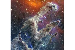 By combining images of the iconic Pillars of Creation from two cameras aboard JWST, the universe has been framed in its infrared glory. Webb&rsquo;s near-infrared image was fused with its mid-infrared image, setting this star-forming region ablaze with new details.