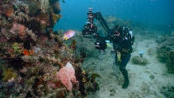 Cinematographer, Rory McGuinnes, operates an underwater jib arm to film a colorful coral reef on the Lembeh Strait. (National Geographic for Disney/Adam Geiger)