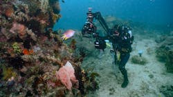 Cinematographer, Rory McGuinnes, operates an underwater jib arm to film a colorful coral reef on the Lembeh Strait. (National Geographic for Disney/Adam Geiger) Cinematographer, Rory McGuinnes, operates an underwater jib arm to film a colorful coral reef on the Lembeh Strait. (National Geographic for Disney/Adam Geiger)