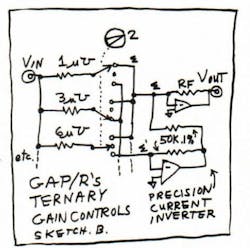 Sketch B: George Philbrick's ternary gain controls. Sketch B: George Philbrick's ternary gain controls.