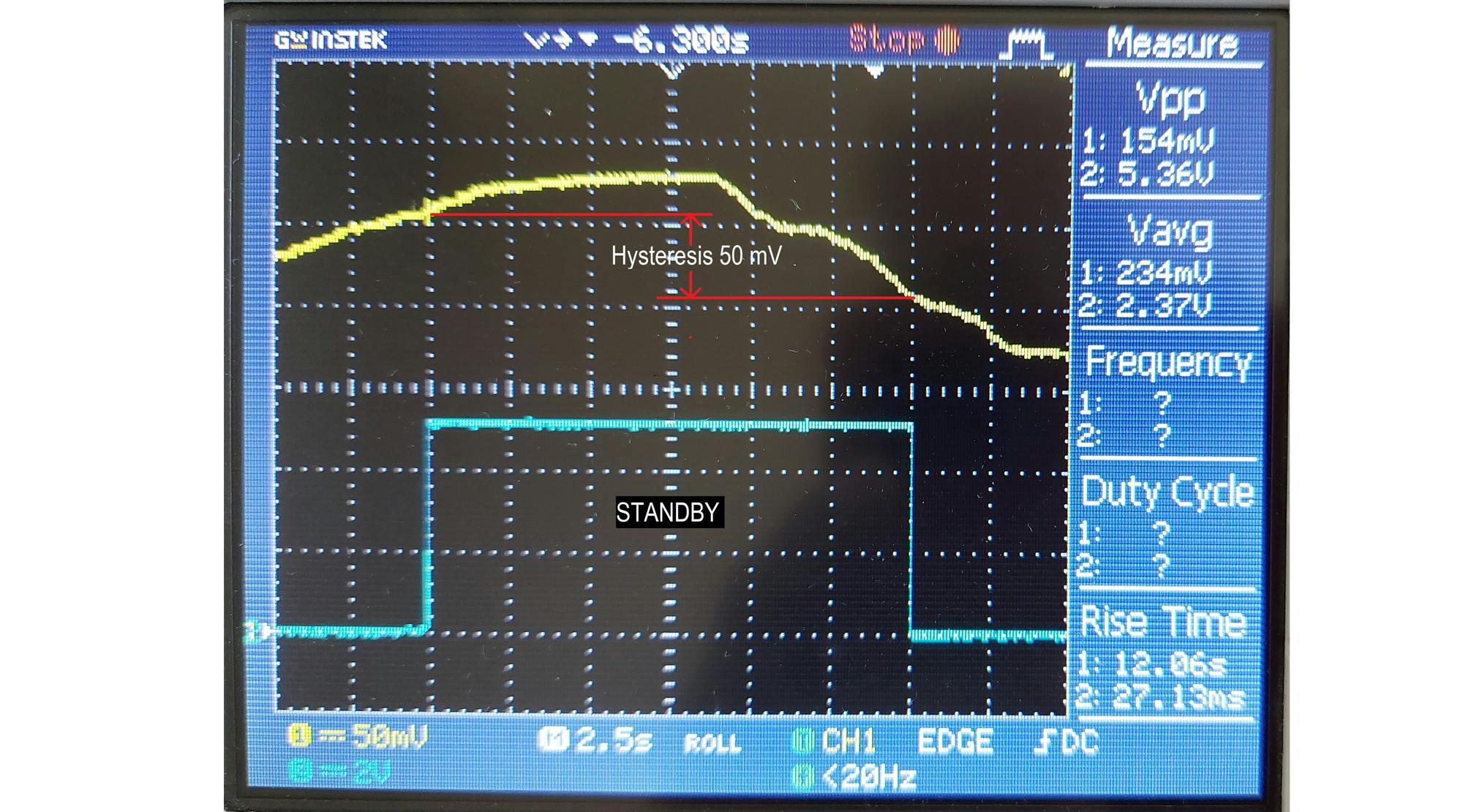 8. Standby signal: yellow trace&mdash;PV current 106 mA/div; blue trace&mdash;Standby signal 2 V/div., hysteresis 50 mV (106 mA).