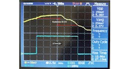 8. Standby signal: yellow trace&mdash;PV current 106 mA/div; blue trace&mdash;Standby signal 2 V/div., hysteresis 50 mV (106 mA).