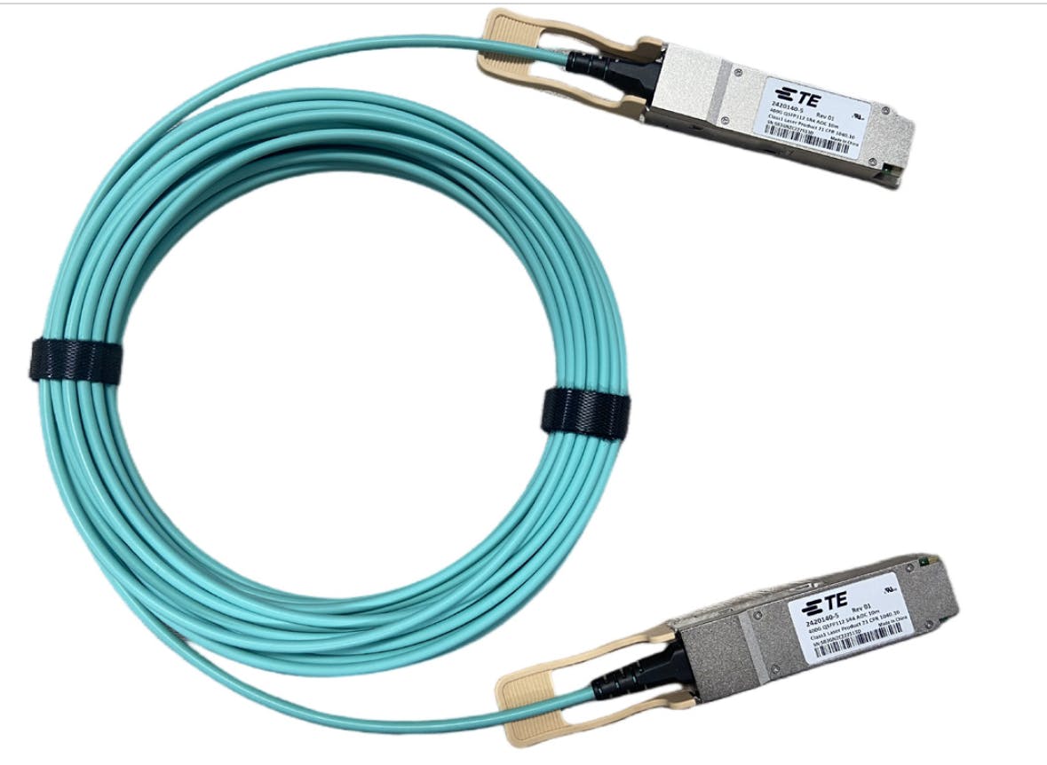 3. TE Connectivity&rsquo;s OSFP active optical-cable assembly connectors incorporate an optical transceiver and copper connections to an Ethernet switch.