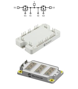 1. The schematic highlights the innards of these SiC common-source power modules from Microchip. 1. The schematic highlights the innards of these SiC common-source power modules from Microchip.