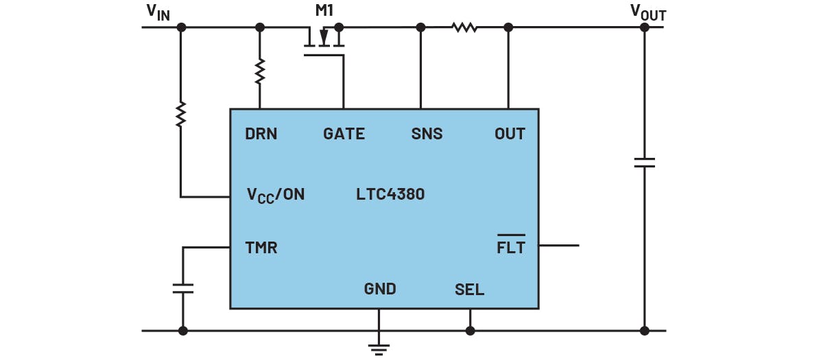 1. Overvoltage protection with a linear surge protector IC (simplified circuit).