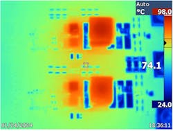 4. A thermal test was conducted on a reference design with a 48-V input with a 5-V/30-A output load, at room temperature without any airflow (i.e., natural convection). The image was captured after thermal equilibrium was reached. (Image courtesy of Reference 3) 4. A thermal test was conducted on a reference design with a 48-V input with a 5-V/30-A output load, at room temperature without any airflow (i.e., natural convection). The image was captured after thermal equilibrium was reached. (Image courtesy of Reference 3)