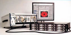 2. In this typical test setup for the recording and playback of RF signals for testing, the PXI chassis includes a vector signal generator, vector signal analyzer, and related units along with the attached RAID unit, which includes 12 hard drives for 2 TB of recording capacity. 2. In this typical test setup for the recording and playback of RF signals for testing, the PXI chassis includes a vector signal generator, vector signal analyzer, and related units along with the attached RAID unit, which includes 12 hard drives for 2 TB of recording capacity.