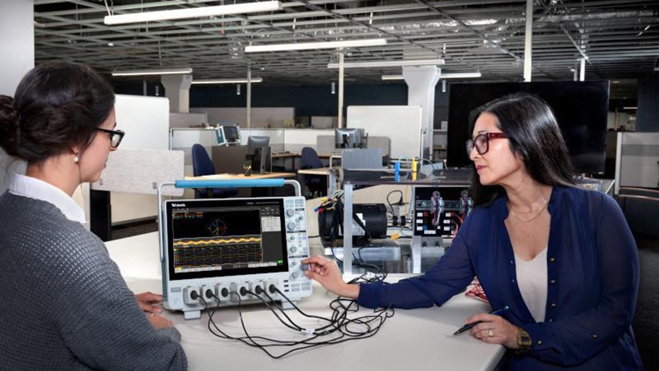 Some bench oscilloscopes like the new 4 Series B MSO can be equipped with three differential voltage probes, three current probes, and analysis software for measuring the output of industrial motor drives.