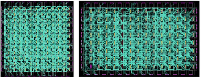 10. Place-and-route view of mapping the convolution engine on two Menta eFPGA architectures&mdash;one without DSP blocks (left) and the other with DSP blocks (right).