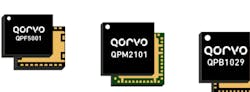 The QPF5001 12W X-band front-end module (FEM) combines a power amplifier, low-noise amplifier (LNA), and limiter in one compact module (left). The QPM2101 S-band receive variable gain amplifier (VGA) integrates an LNA, 6-bit digital step attenuator (center). The QPB1029 L-band filter bank integrates two switches on both sides of eight filters and a bypass (right). The QPF5001 12W X-band front-end module (FEM) combines a power amplifier, low-noise amplifier (LNA), and limiter in one compact module (left). The QPM2101 S-band receive variable gain amplifier (VGA) integrates an LNA, 6-bit digital step attenuator (center). The QPB1029 L-band filter bank integrates two switches on both sides of eight filters and a bypass (right).